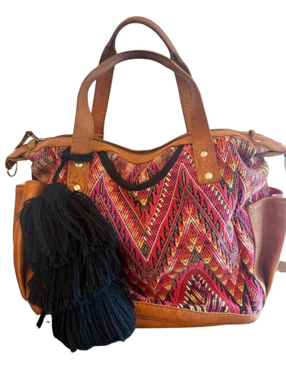 Handwoven Pink Patterned Tote Bag with Leather Trim - Picture 1 of 11